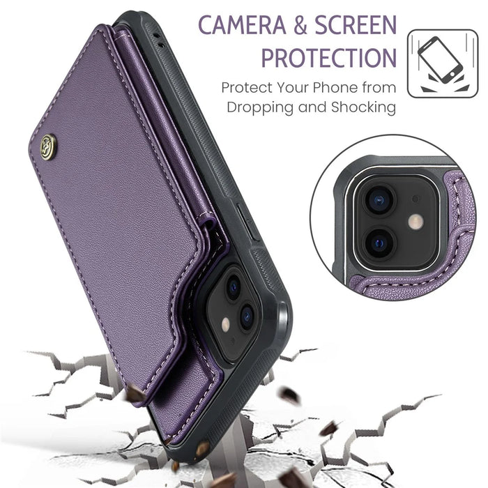 For iPhone 12 / 12 Pro Phone Case CASEME C22 Leather Back Cover with RFID Blocking Card Slots - Purple - 7