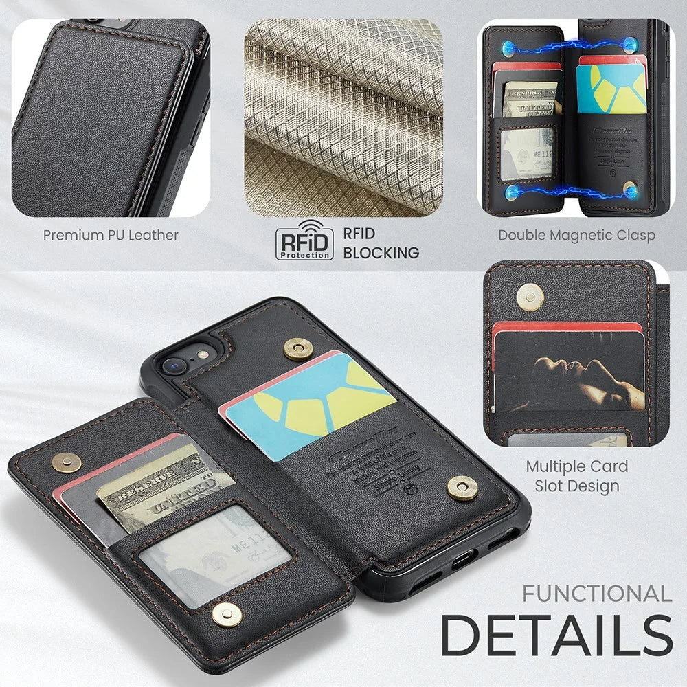 For iPhone 6 / 6s / 7 / 8 / SE (2020) / SE (2022) Phone Case CASEME C22 Leather Back Cover with RFID Blocking Card Slots - Black - 6