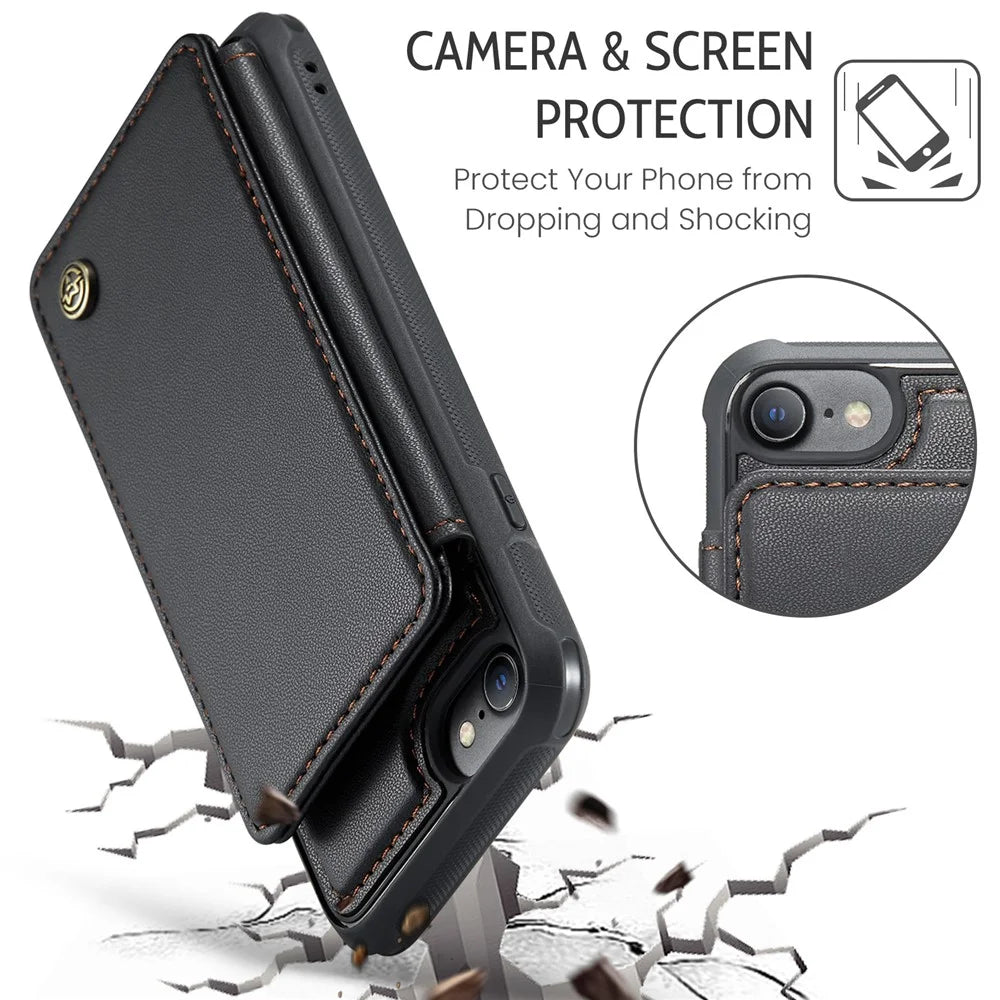 For iPhone 6 / 6s / 7 / 8 / SE (2020) / SE (2022) Phone Case CASEME C22 Leather Back Cover with RFID Blocking Card Slots - Black - 7