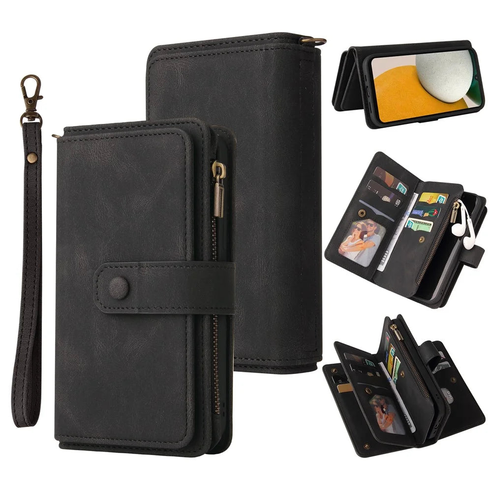 For Samsung Galaxy A15 4G Zipper Wallet Case with 15 Card Slots and Strap Leather Phone Cover - Black - 1
