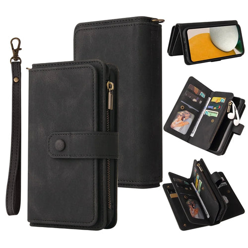 For Samsung Galaxy A15 4G Zipper Wallet Case with 15 Card Slots and Strap Leather Phone Cover - Black - 1