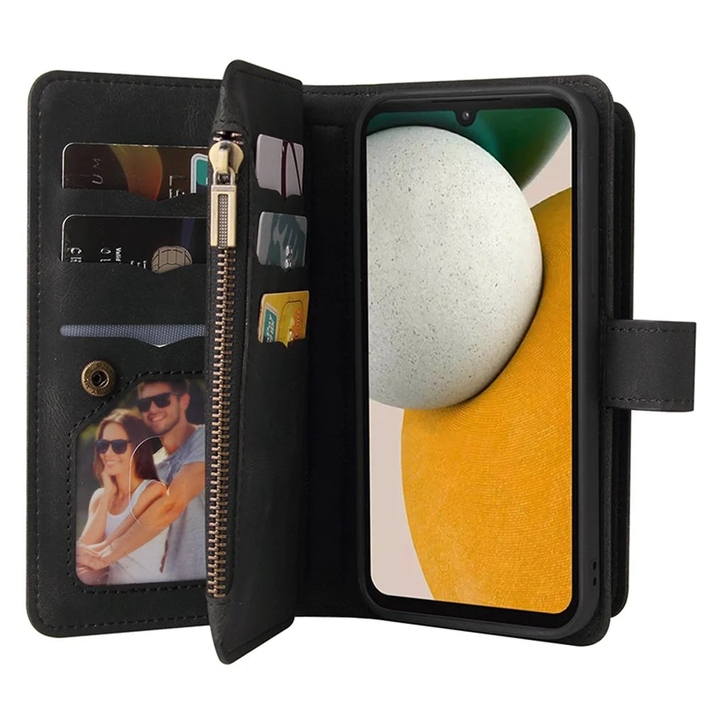 For Samsung Galaxy A15 4G Zipper Wallet Case with 15 Card Slots and Strap Leather Phone Cover - Black - 2