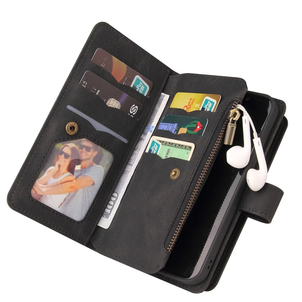 For Samsung Galaxy A15 4G Zipper Wallet Case with 15 Card Slots and Strap Leather Phone Cover - Black - 6