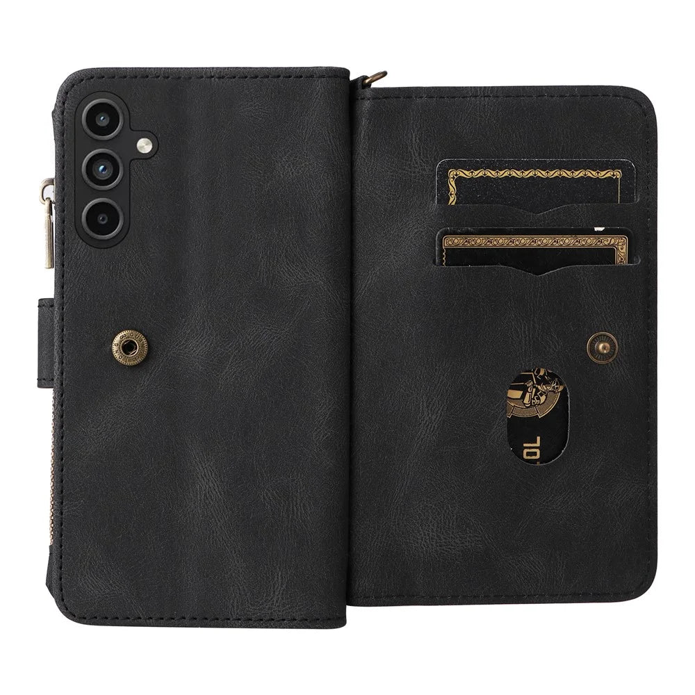 For Samsung Galaxy A15 4G Zipper Wallet Case with 15 Card Slots and Strap Leather Phone Cover - Black - 7