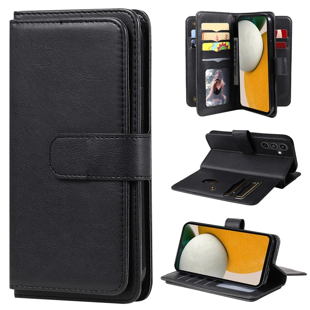 For Samsung Galaxy A15 5G Leather Case with 10 Card Holder Phone Cover Stand - Black - 1