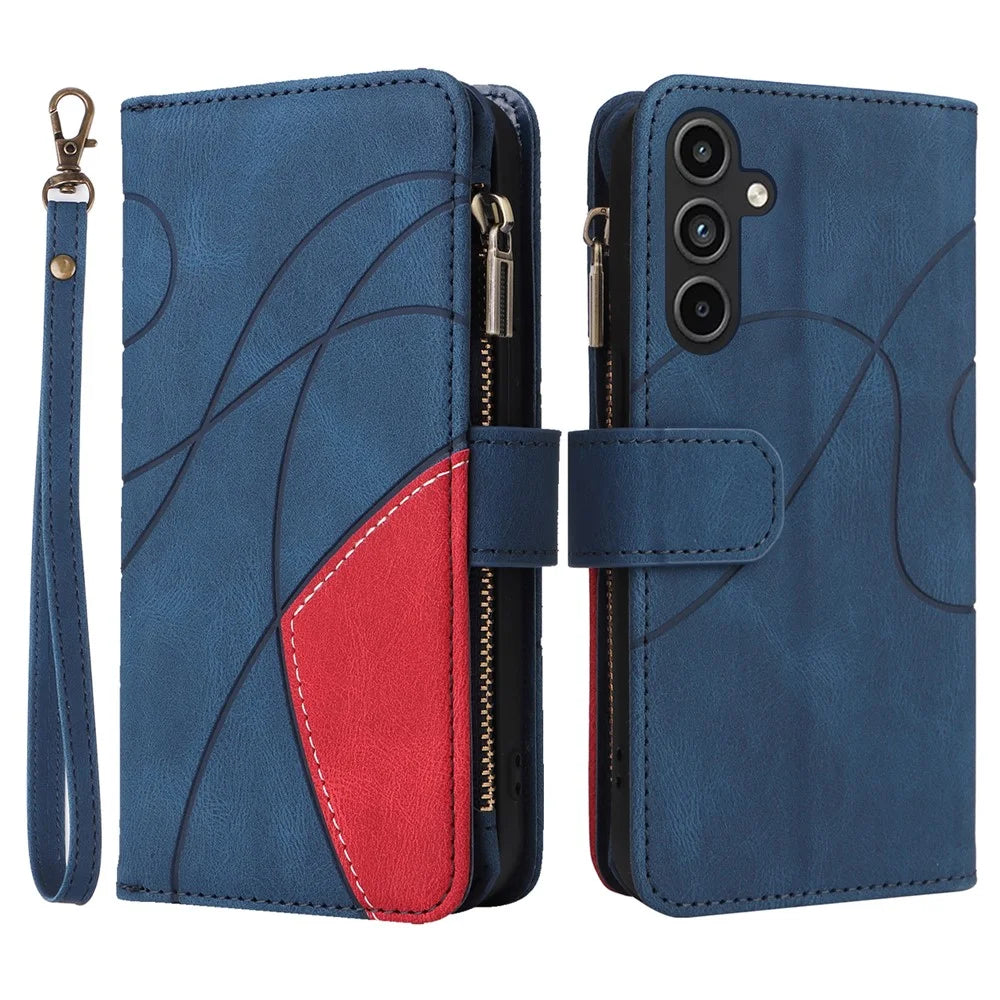 For Samsung Galaxy A15 5G Leather Case with Strap Zipper 9 Card Slot Phone Cover Stand - Blue - 1