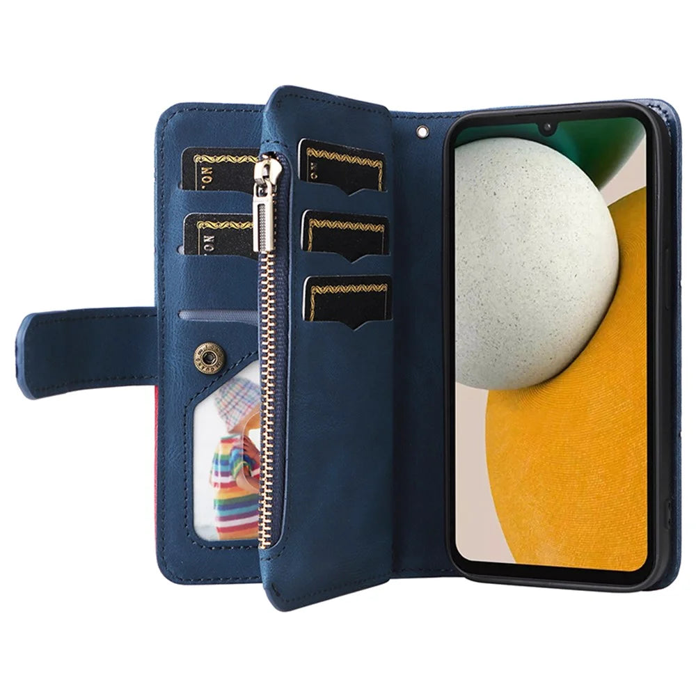 For Samsung Galaxy A15 5G Leather Case with Strap Zipper 9 Card Slot Phone Cover Stand - Blue - 2
