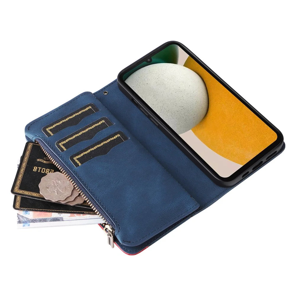 For Samsung Galaxy A15 5G Leather Case with Strap Zipper 9 Card Slot Phone Cover Stand - Blue - 5