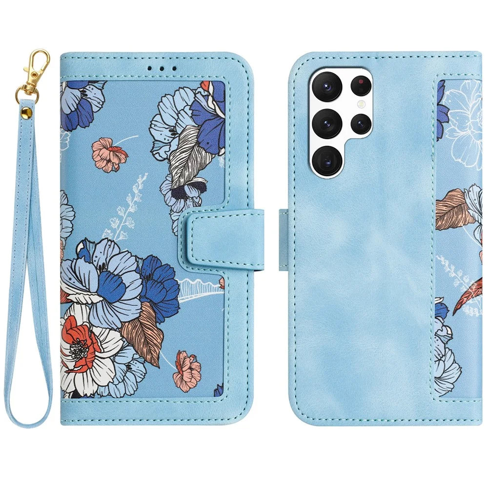 For Samsung Galaxy S24 Ultra Leather Case Flower Pattern Stand Phone Cover - Baby Blue - 1