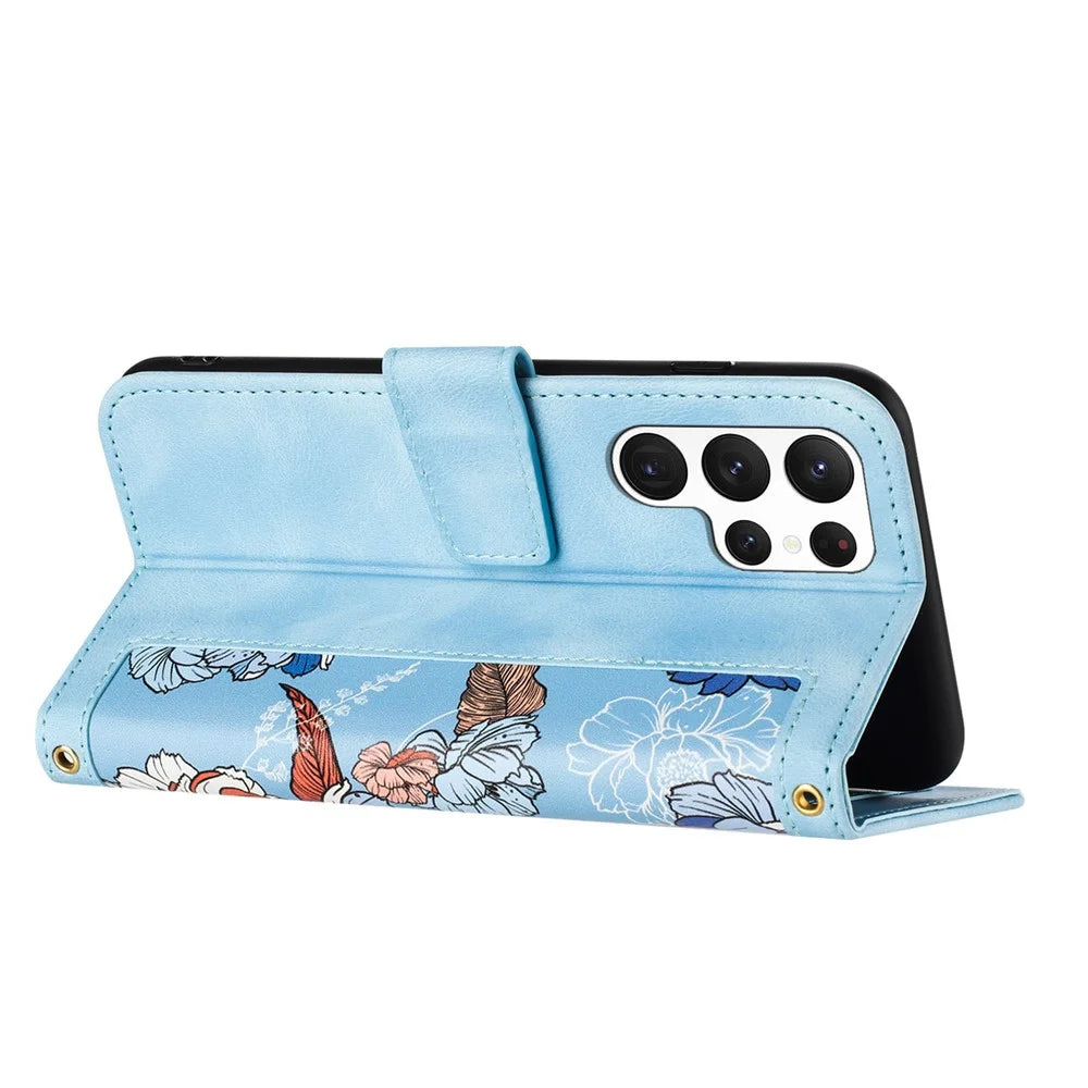 For Samsung Galaxy S24 Ultra Leather Case Flower Pattern Stand Phone Cover - Baby Blue - 4