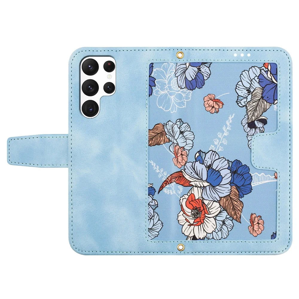 For Samsung Galaxy S24 Ultra Leather Case Flower Pattern Stand Phone Cover - Baby Blue - 5