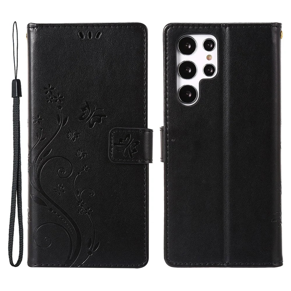 For Samsung Galaxy S24 Ultra Wallet Leather Cover Butterfly Imprinted Flip Stand Phone Case - Black - 1