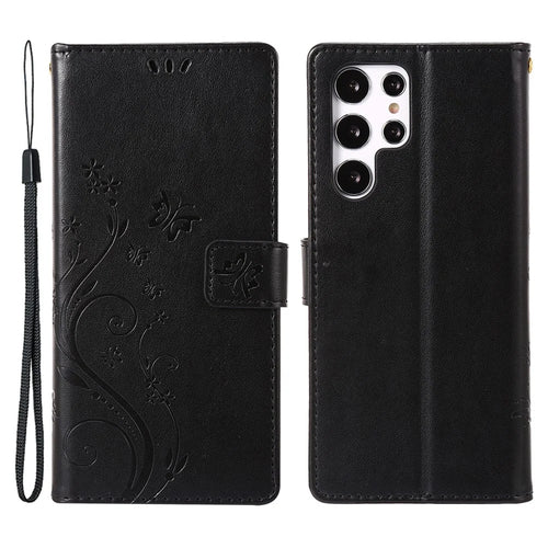 For Samsung Galaxy S24 Ultra Wallet Leather Cover Butterfly Imprinted Flip Stand Phone Case - Black - 1