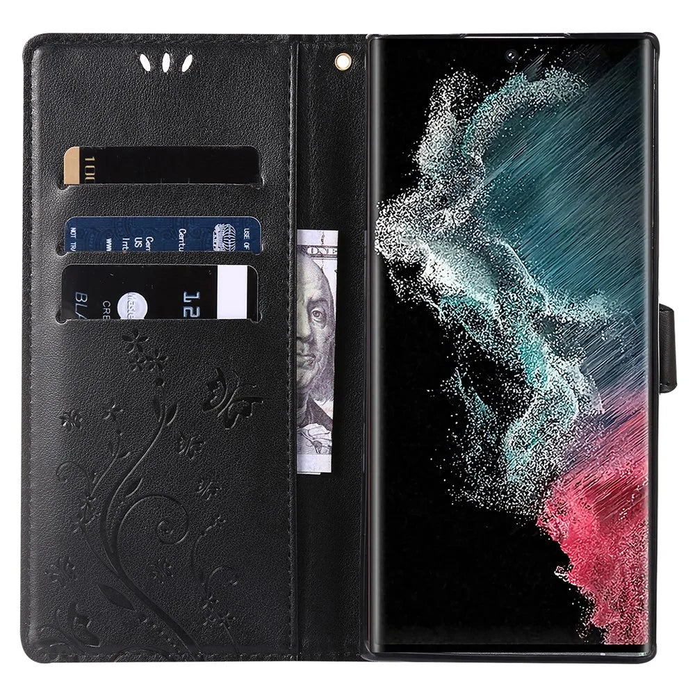 For Samsung Galaxy S24 Ultra Wallet Leather Cover Butterfly Imprinted Flip Stand Phone Case - Black - 3