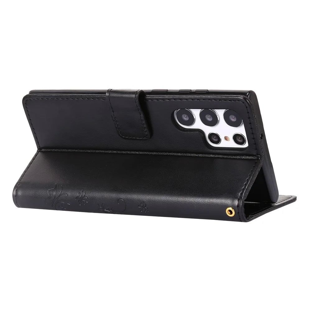For Samsung Galaxy S24 Ultra Wallet Leather Cover Butterfly Imprinted Flip Stand Phone Case - Black - 4