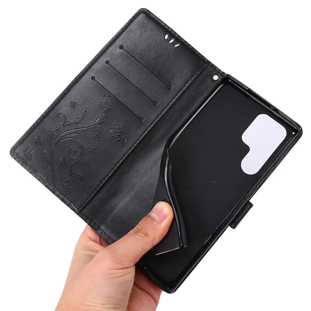 For Samsung Galaxy S24 Ultra Wallet Leather Cover Butterfly Imprinted Flip Stand Phone Case - Black - 5