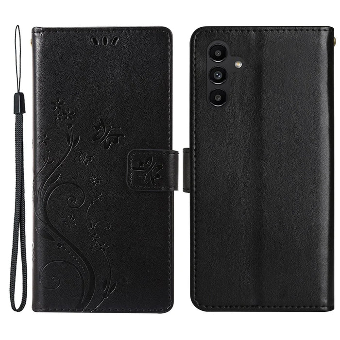 For Samsung Galaxy S24 Leather Case Butterfly Imprinted Phone Wallet Cover - Black - 1