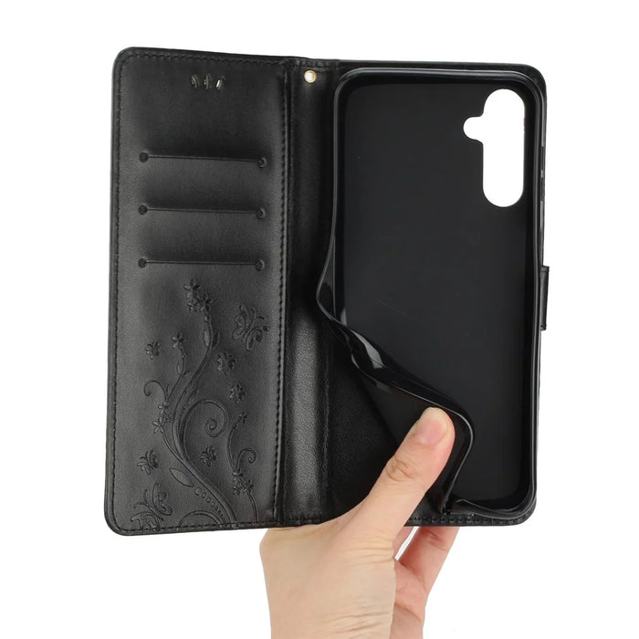 For Samsung Galaxy S24 Leather Case Butterfly Imprinted Phone Wallet Cover - Black - 5