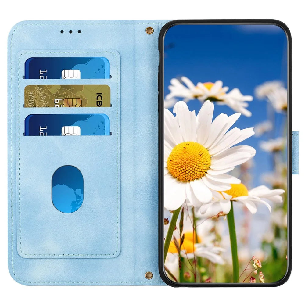 For Samsung Galaxy S24 Case PU Leather Flower Pattern Folio Phone Cover - Baby Blue - 3