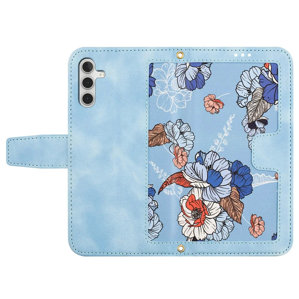 For Samsung Galaxy S24 Case PU Leather Flower Pattern Folio Phone Cover - Baby Blue - 5