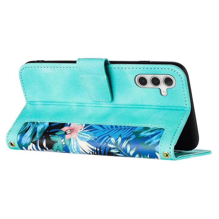 For Samsung Galaxy S24+ Case Flower Pattern Leather Cover with Card Holder - Green - 4