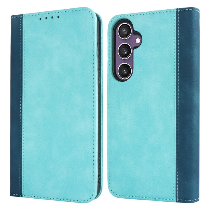 For Samsung Galaxy S23 FE Case PU Leather Bi-color Splicing Phone Cover - Light Blue+Dark Blue - 1