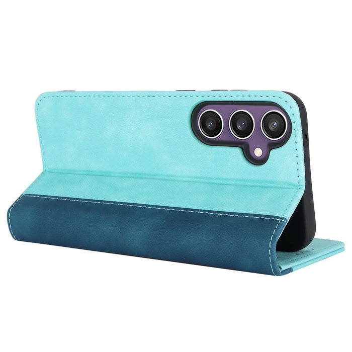 For Samsung Galaxy S23 FE Case PU Leather Bi-color Splicing Phone Cover - Light Blue+Dark Blue - 4