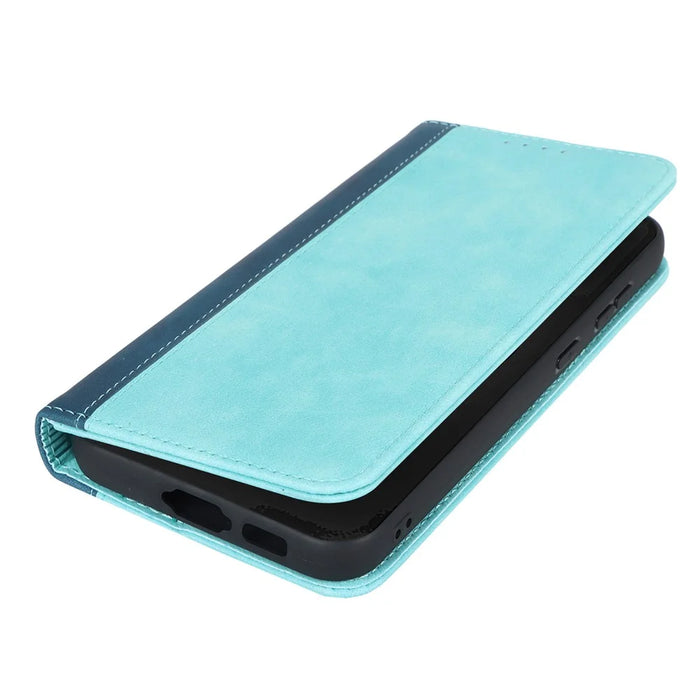 For Samsung Galaxy S23 FE Case PU Leather Bi-color Splicing Phone Cover - Light Blue+Dark Blue - 5
