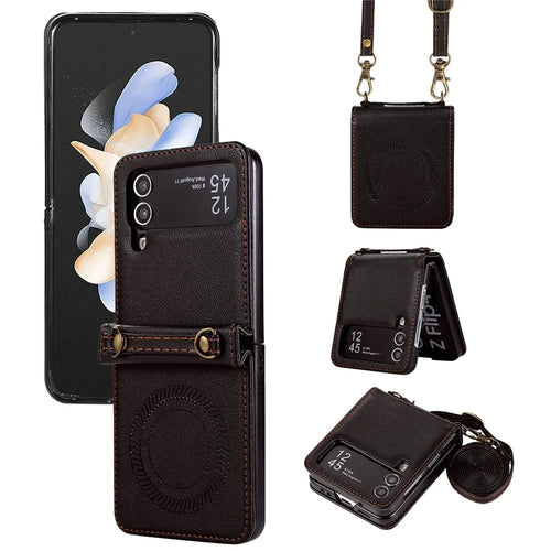 For Samsung Galaxy Z Flip4 5G Case TPU+PU Leather Cover Crossbody Shoulder Bag Magnetic Phone Shell - Black - 1