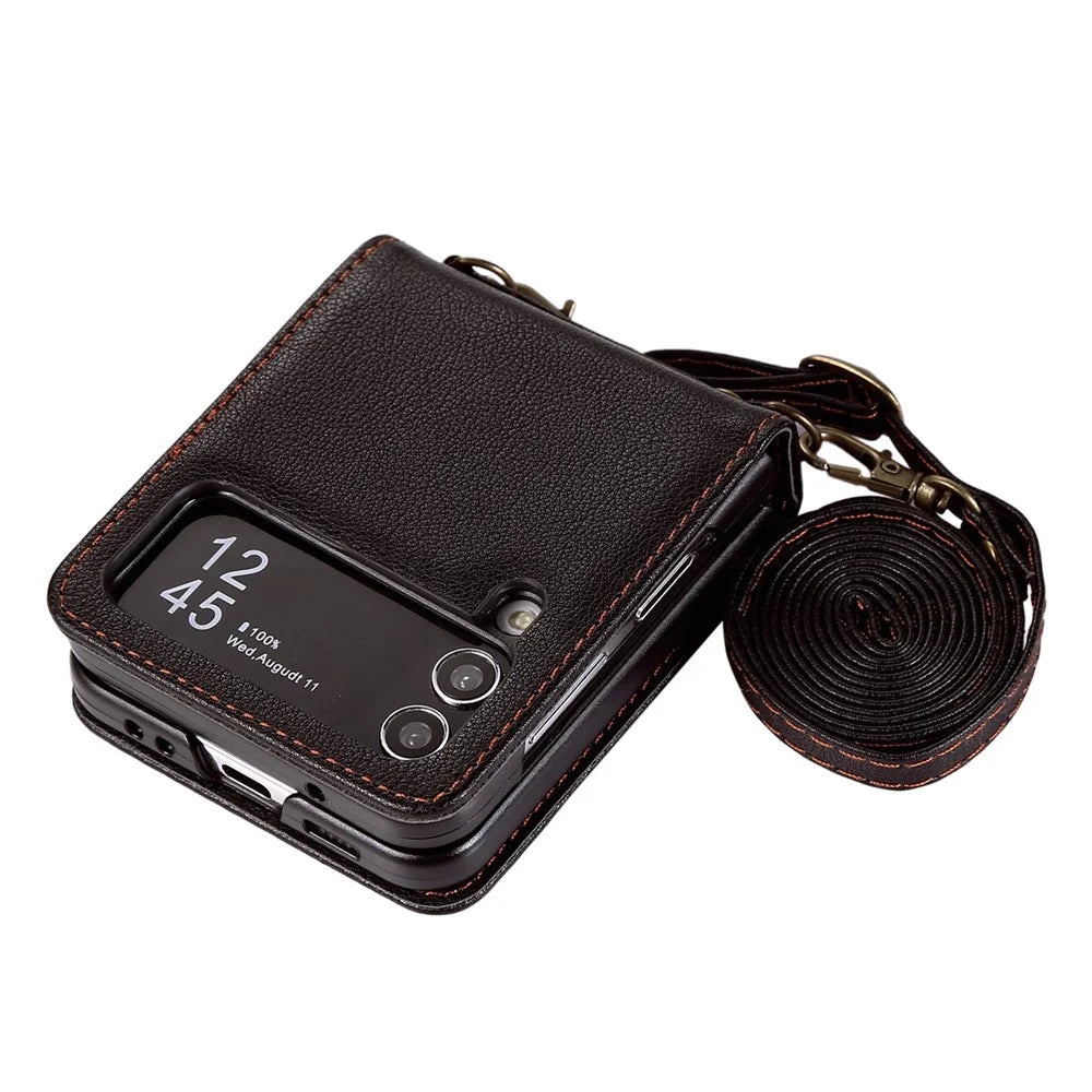 For Samsung Galaxy Z Flip4 5G Case TPU+PU Leather Cover Crossbody Shoulder Bag Magnetic Phone Shell - Black - 4