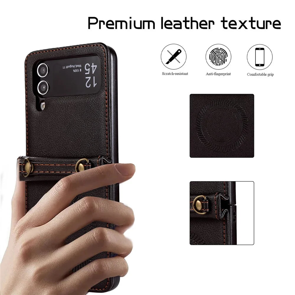 For Samsung Galaxy Z Flip4 5G Case TPU+PU Leather Cover Crossbody Shoulder Bag Magnetic Phone Shell - Black - 5