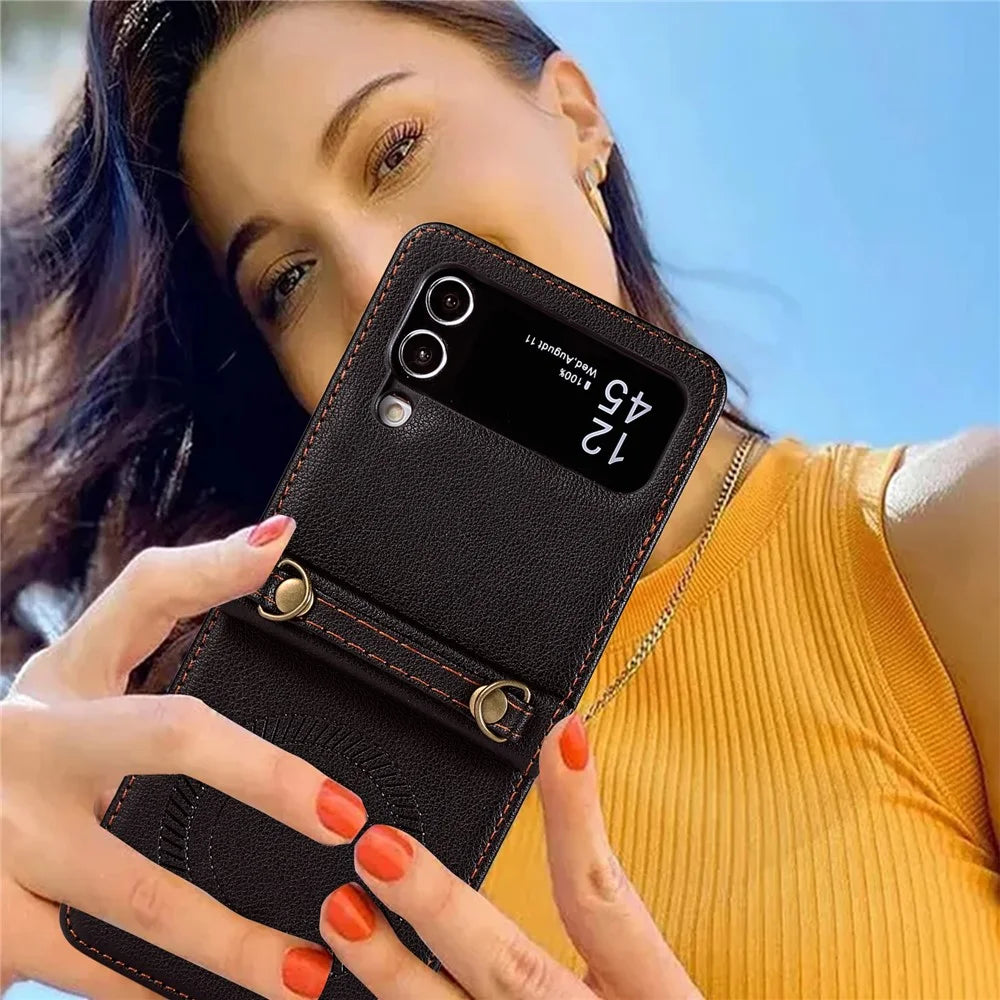 For Samsung Galaxy Z Flip4 5G Case TPU+PU Leather Cover Crossbody Shoulder Bag Magnetic Phone Shell - Black - 7