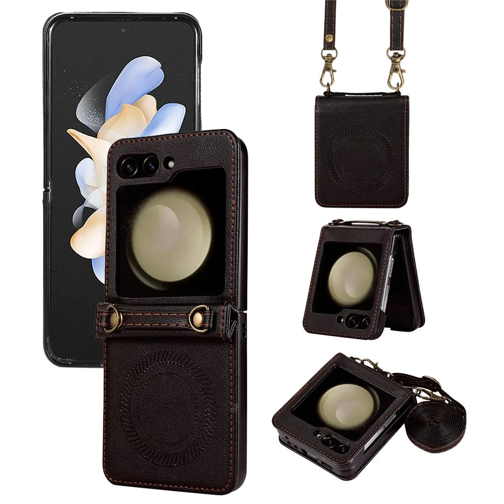 For Samsung Galaxy Z Flip5 5G Case Magnetic Phone Shell TPU+PU Leather Phone Cover with Strap - Black - 1