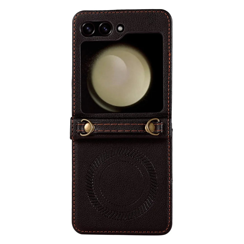 For Samsung Galaxy Z Flip5 5G Case Magnetic Phone Shell TPU+PU Leather Phone Cover with Strap - Black - 2