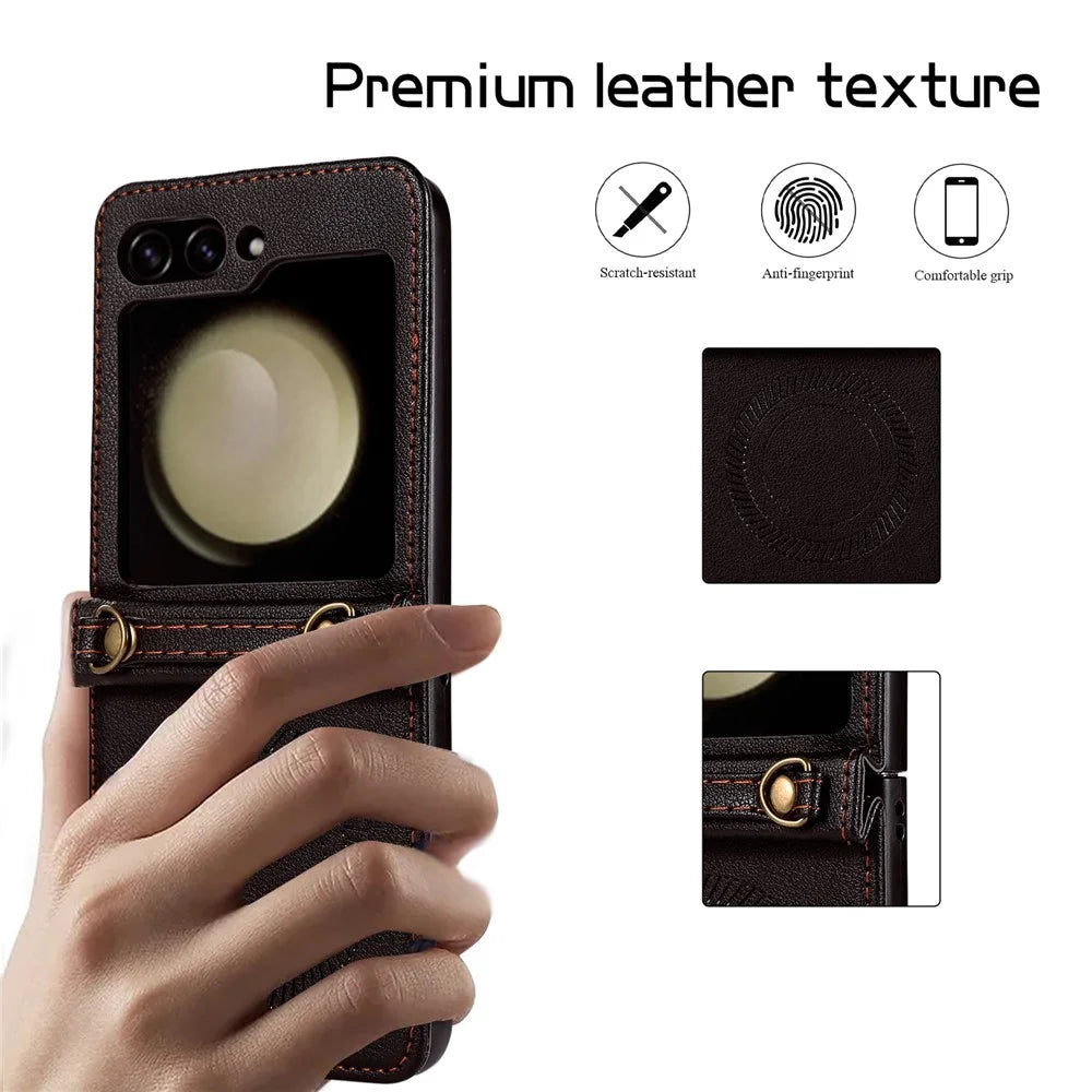 For Samsung Galaxy Z Flip5 5G Case Magnetic Phone Shell TPU+PU Leather Phone Cover with Strap - Black - 5
