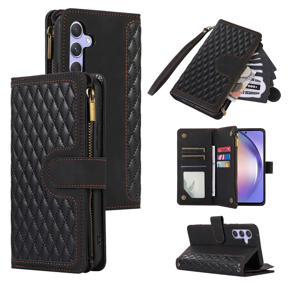 For Samsung Galaxy S23 FE Case 9 Card Slots PU Leather Zipper Pocket Wallet Phone Shell - Black - 1