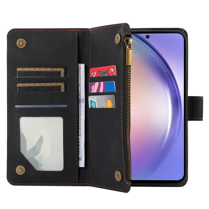 For Samsung Galaxy S23 FE Case 9 Card Slots PU Leather Zipper Pocket Wallet Phone Shell - Black - 5