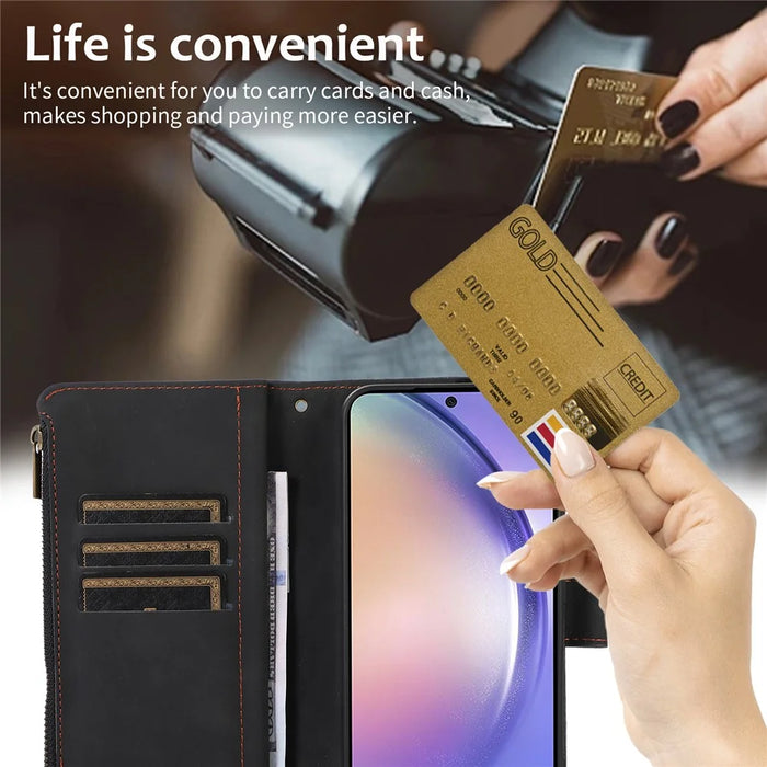 For Samsung Galaxy S23 FE Case 9 Card Slots PU Leather Zipper Pocket Wallet Phone Shell - Black - 6