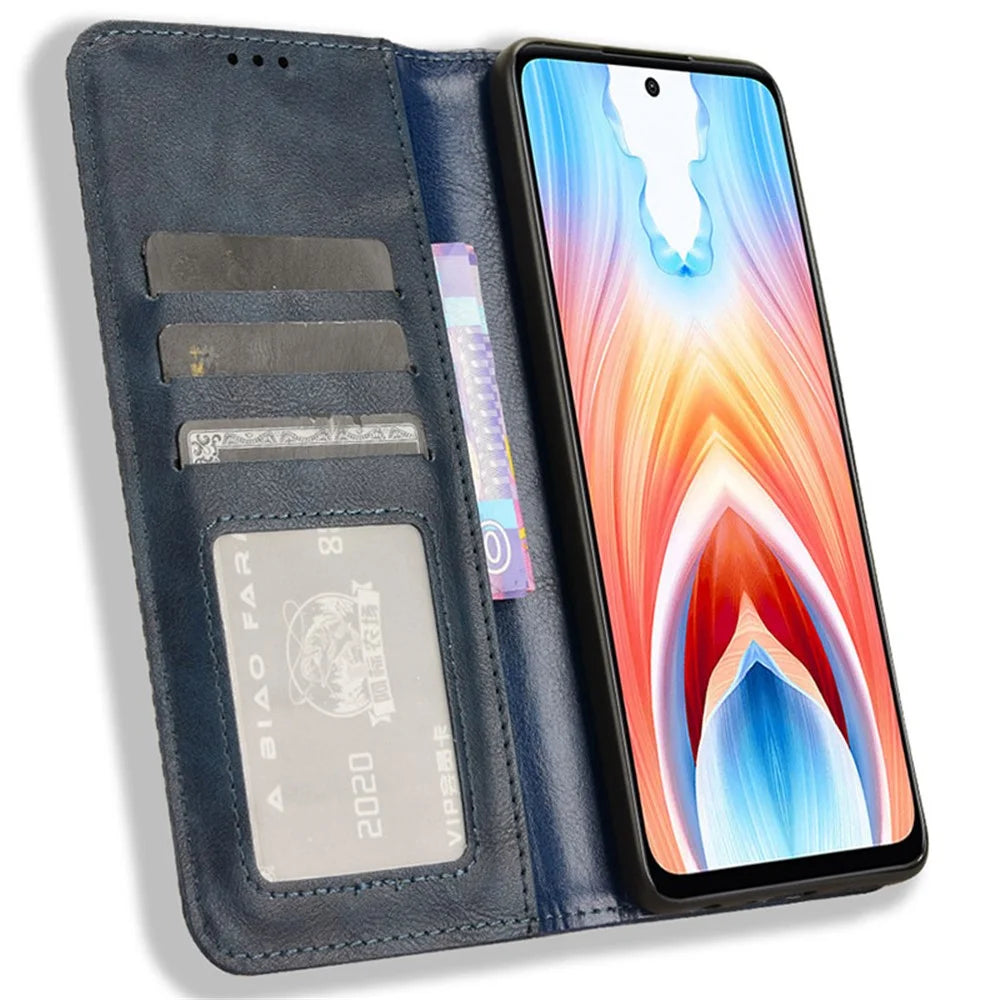 For Oppo A79 5G / A2 5G / OnePlus Nord N30 SE 5G Case Retro PU Leather Magnetic Auto Closing Wallet Cover - Blue - 2