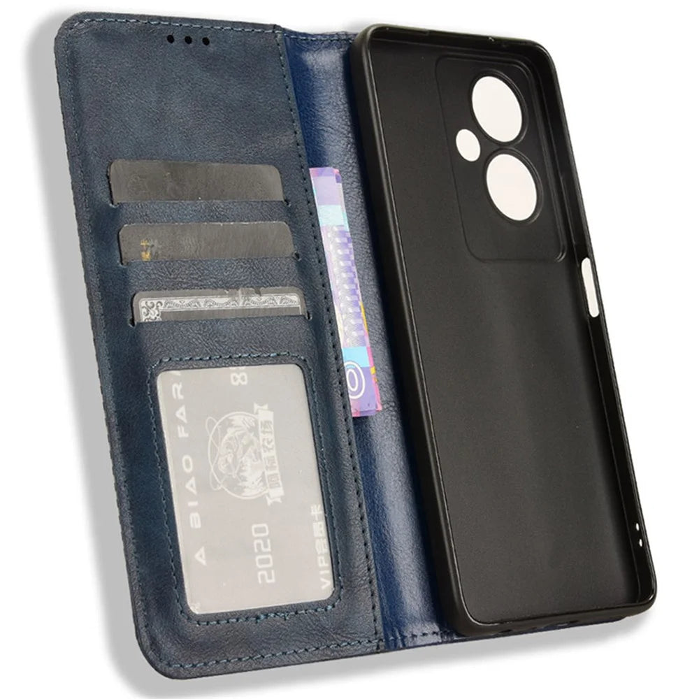 For Oppo A79 5G / A2 5G / OnePlus Nord N30 SE 5G Case Retro PU Leather Magnetic Auto Closing Wallet Cover - Blue - 5
