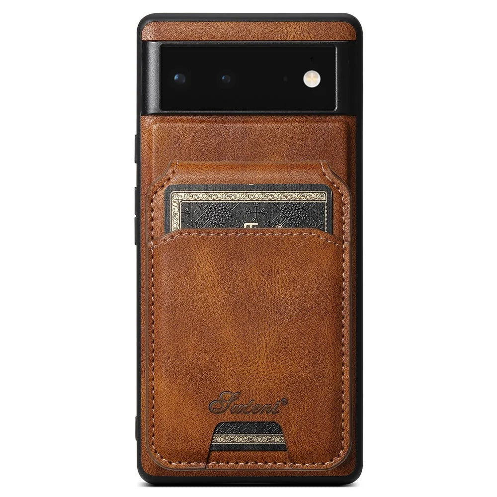 SUTENI H15 For Google Pixel 6a Detachable Back Cover Card Holder Kickstand Phone Case - Brown - 1