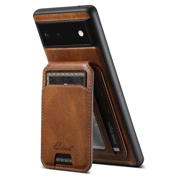 SUTENI H15 For Google Pixel 6a Detachable Back Cover Card Holder Kickstand Phone Case - Brown - 2