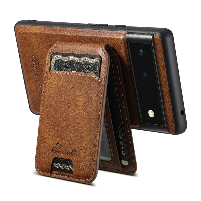 SUTENI H15 For Google Pixel 6a Detachable Back Cover Card Holder Kickstand Phone Case - Brown - 3