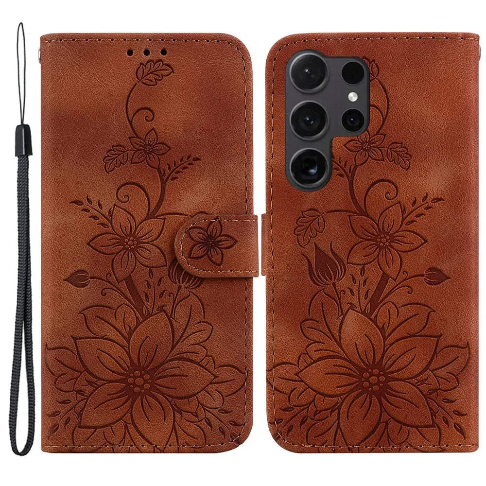 For Samsung Galaxy S24 Ultra Case Flower Imprint Leather Anti-drop Mobile Phone Cover - Brown - 1