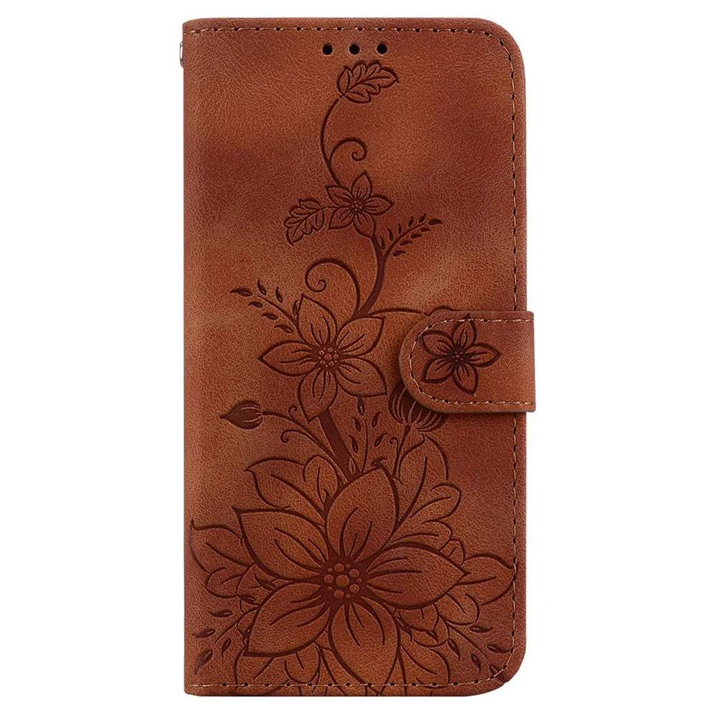 For Samsung Galaxy S24 Ultra Case Flower Imprint Leather Anti-drop Mobile Phone Cover - Brown - 6