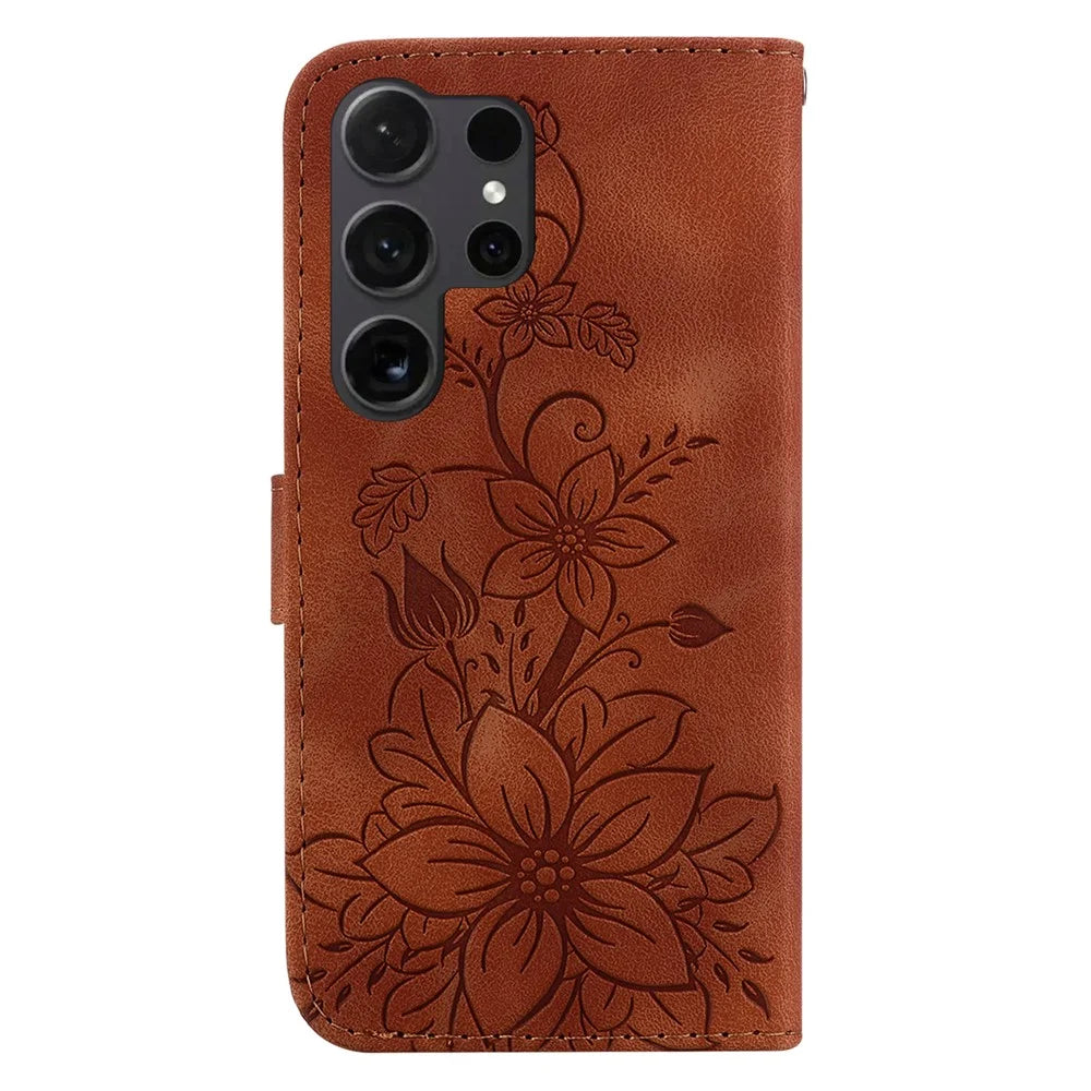 For Samsung Galaxy S24 Ultra Case Flower Imprint Leather Anti-drop Mobile Phone Cover - Brown - 7