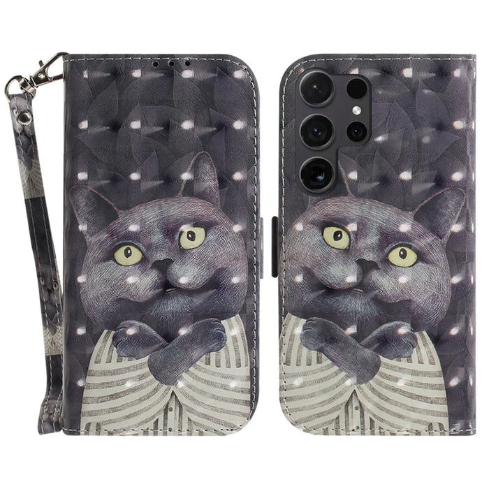 PU Leather Flip Cover for Samsung Galaxy S24 Ultra Case Pattern Printed Anti-Drop Wallet Phone Case with Strap - Embracing Cat - 1