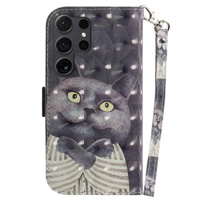PU Leather Flip Cover for Samsung Galaxy S24 Ultra Case Pattern Printed Anti-Drop Wallet Phone Case with Strap - Embracing Cat - 7
