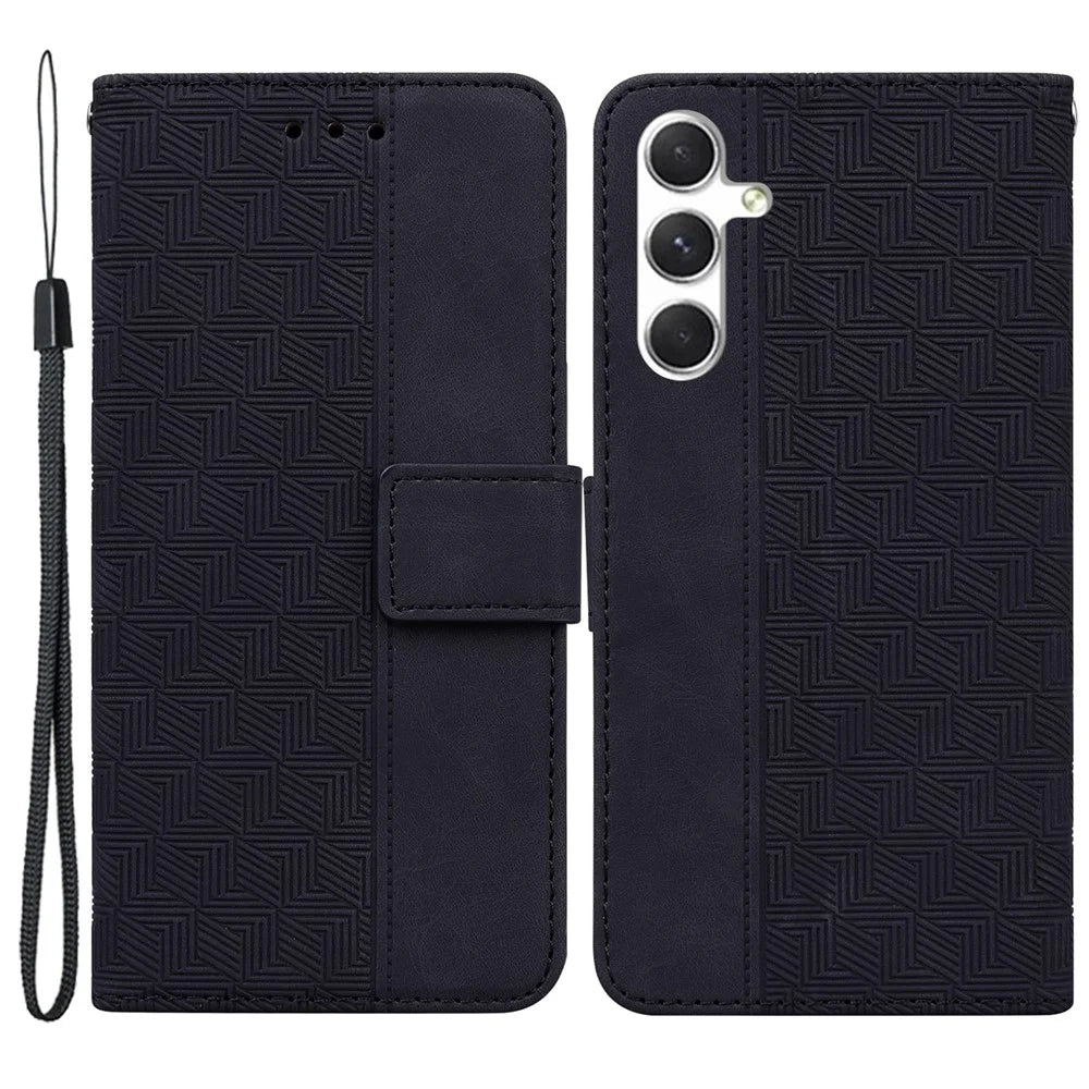For Samsung Galaxy S24+ Case Imprinted Geometry Stand Wallet Leather Cover - Black - 1