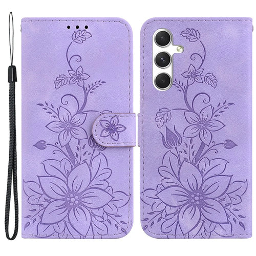 For Samsung Galaxy S24+ Case Wallet Leather Cover with Imprint Flower - Purple - 1